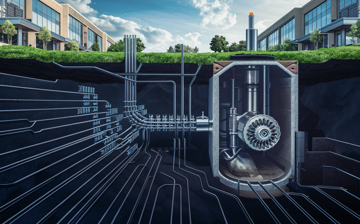 Illustration of an advanced underground wastewater treatment system with pipes, tanks, and equipment for commercial properties