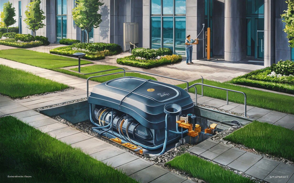 An illustration of a modern commercial building with landscaped grounds featuring an advanced wastewater treatment system consisting of tanks and equipment in the foreground.