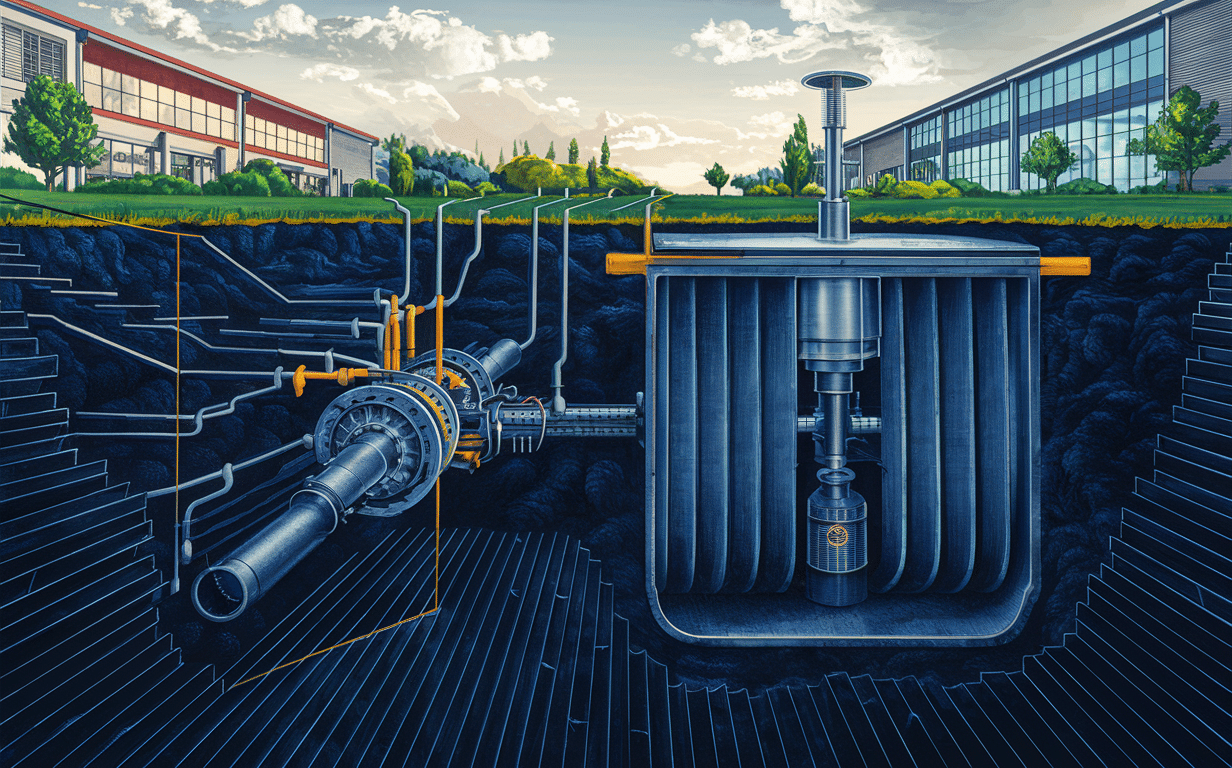 An artistic rendering of an underground wastewater treatment system with pipes, tanks, and a jet turbine for commercial properties