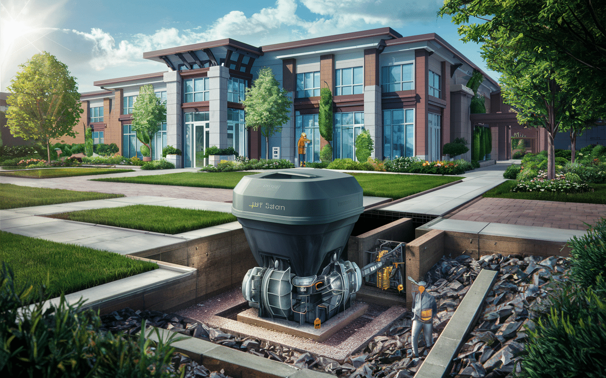 An illustration depicting the installation of an advanced jet septic system for wastewater treatment at a commercial property, featuring an underground tank with pipes and machinery, surrounded by landscaping and a person working on the system near the building entrance.