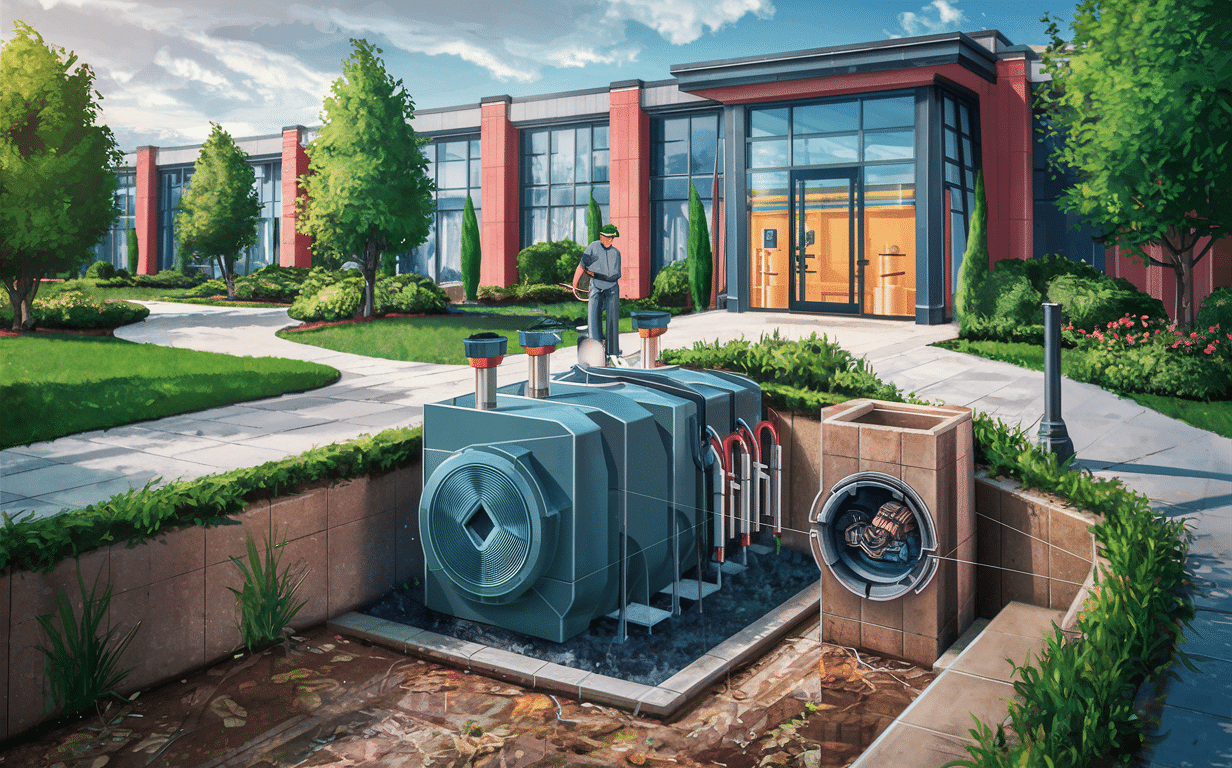 A rendering of a modern commercial building with landscaped grounds showcasing an underground jet septic system for advanced wastewater treatment