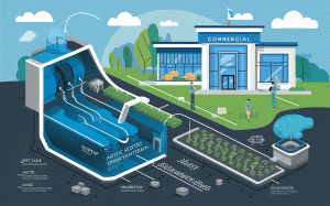 An illustration of a commercial building with a solar-powered wastewater treatment system featuring jet septic technology, surrounded by a well-manicured landscape.