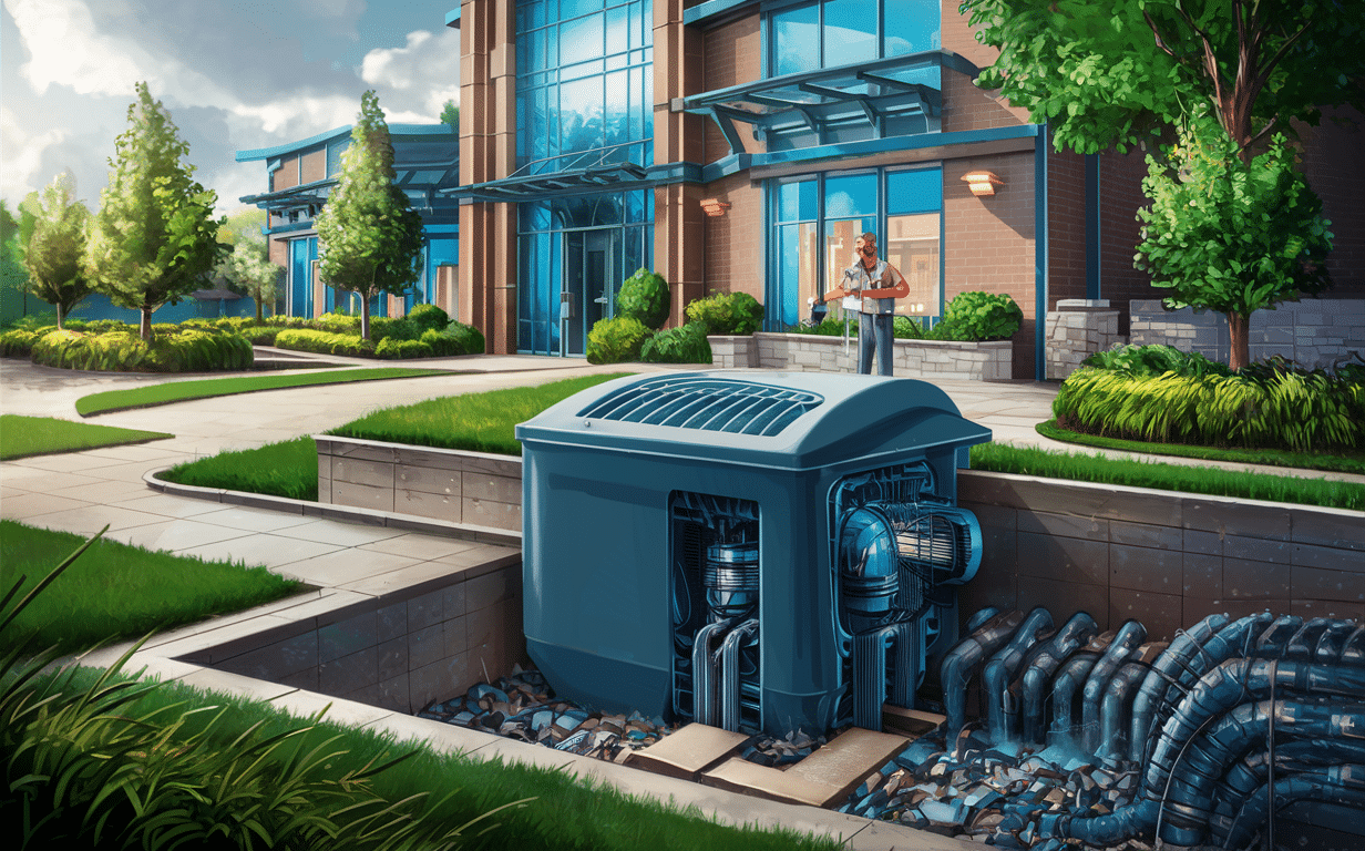 An illustration depicting an advanced wastewater treatment system for commercial properties, featuring a septic tank, aerobic treatment units, a drain field, and a commercial building with people outside.