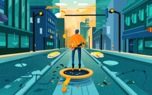 An illustration depicting a person in an orange outfit standing on an open manhole cover in the middle of a city street, surrounded by debris and fallen leaves, with buildings and cars in the background under an orange sunset sky.
