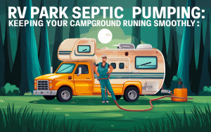An illustration depicting an RV park worker pumping out the septic tank of a recreational vehicle to ensure proper sanitation and smooth operations at the campground.