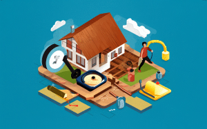 An illustration depicting home septic system maintenance services, with a house, a worker inspecting the septic tank, and various tools and equipment related to septic system upkeep.
