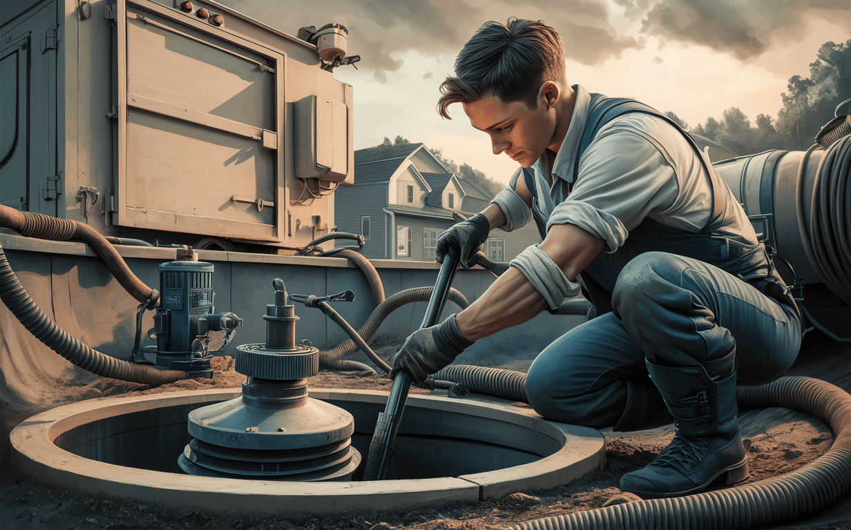 A worker in uniform pumping out a residential septic tank system using a vacuum hose connected to a tanker truck