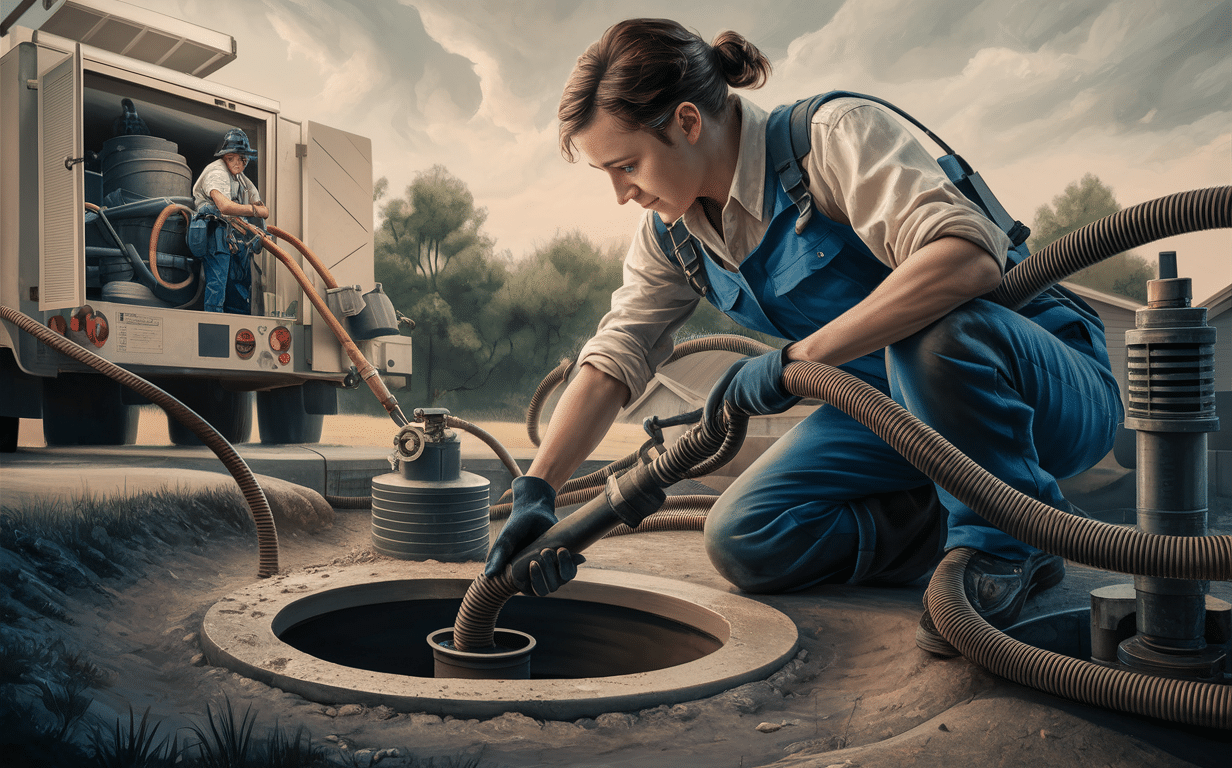 An illustration of a worker in protective gear pumping out a septic tank using long hoses, surrounded by buildings and vegetation in an urban setting.